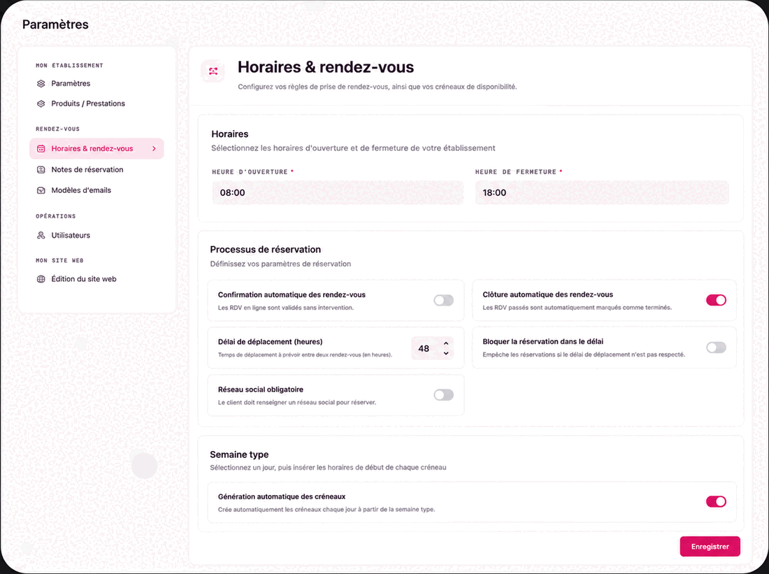 Aperçu de l'agenda Faery avec les créneaux générés et les rendez-vous de la journée