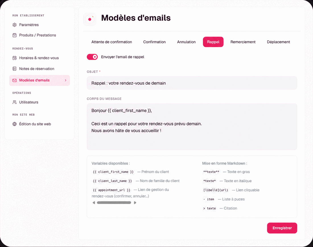 Modèle d'email automatique de confirmation envoyé aux clientes après une réservation
